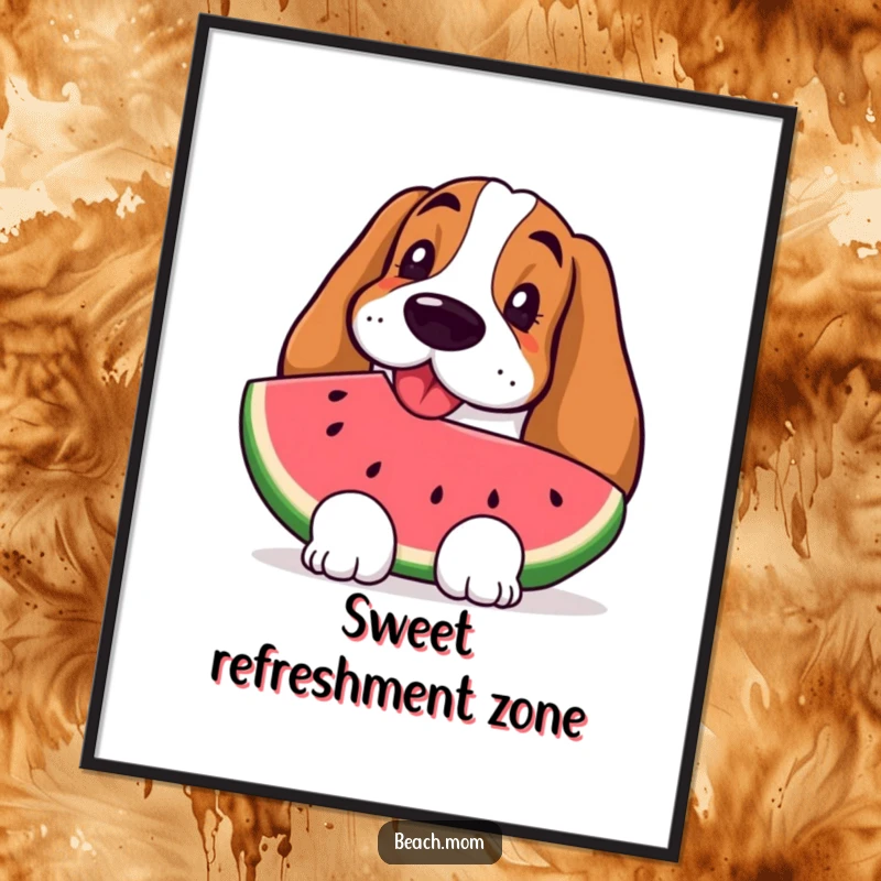Funny Basset Hound poster depicting a dog looking utterly refreshed and happy while eating a juicy slice of watermelon.