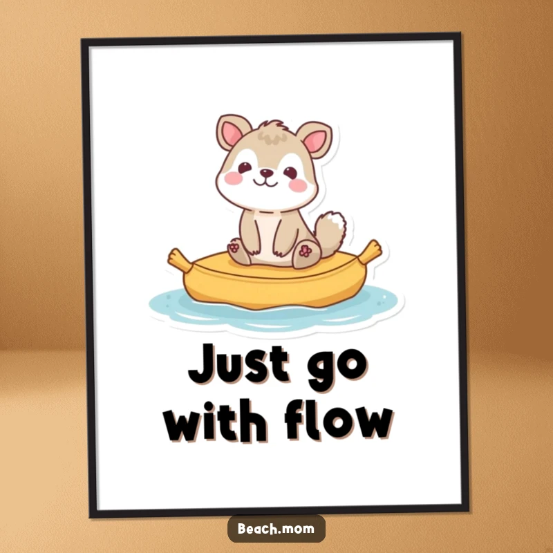 Funny animal character bobbing happily on a raft, radiating contentment and peace, perfect for wall art.