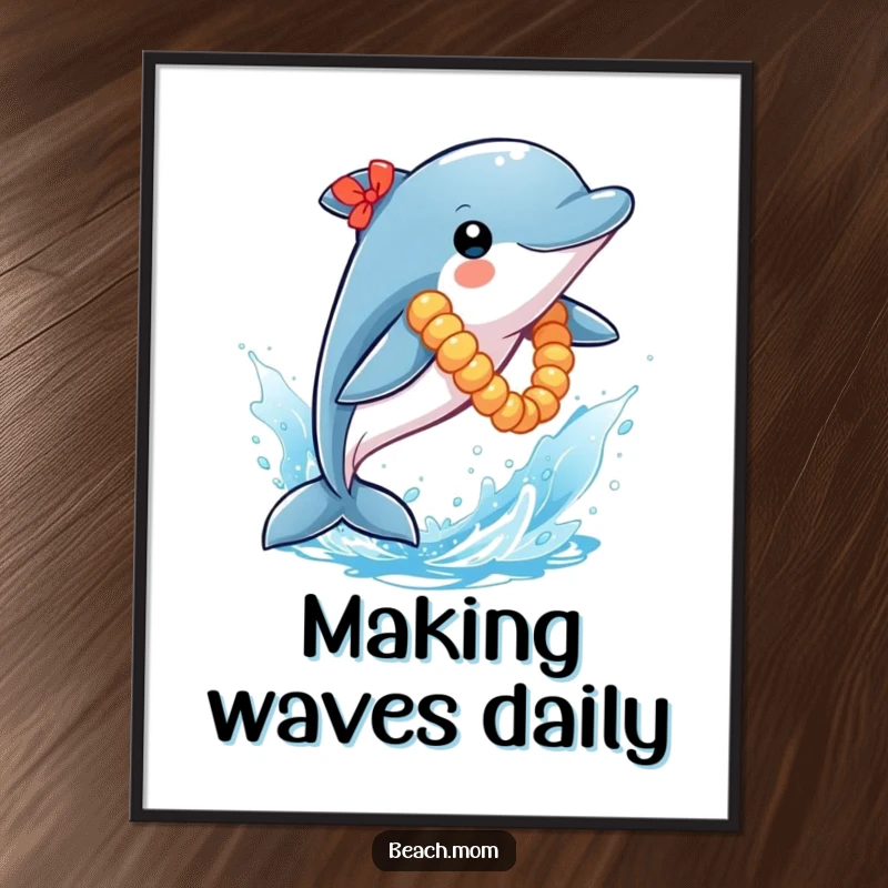 Funny Dolphin Poster: A playful dolphin wearing a lei leaps from a sparkly blue water splash, bringing vibrant ocean humor to walls.
