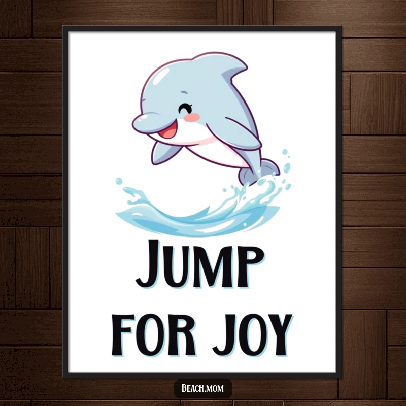 Funny dolphin poster, cartoon dolphin leaping high above wavy ocean waters, energetic and joyful art piece.