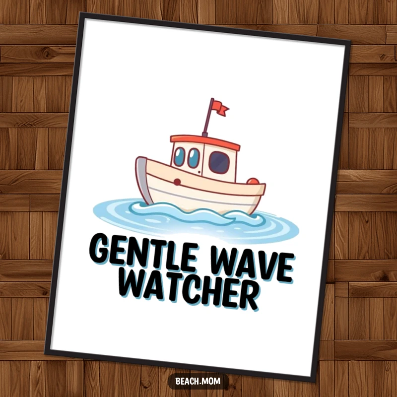 Funny little boat poster showing a cheerful boat bobbing on sparkling, gentle waves, perfect for adding a touch of coastal calm.