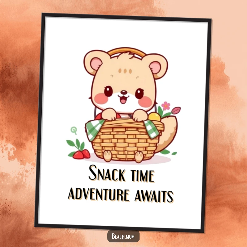 Funny poster: An animated animal character looks thrilled as it packs a picnic basket full of delicious food items.