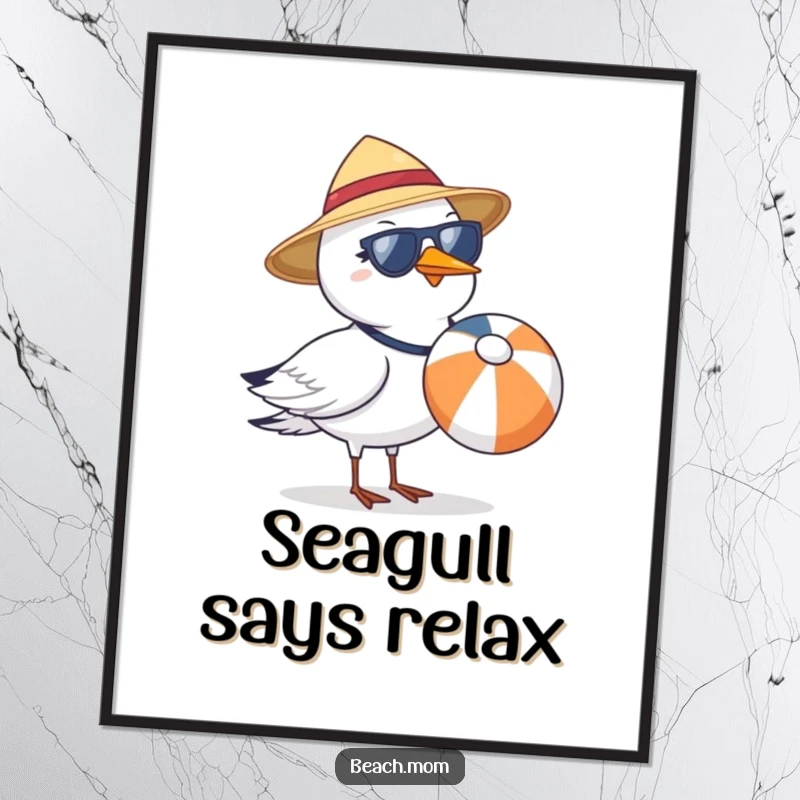 Funny seagull wearing sunglasses and a sun hat, carrying a beach ball, displayed as wall art poster.
