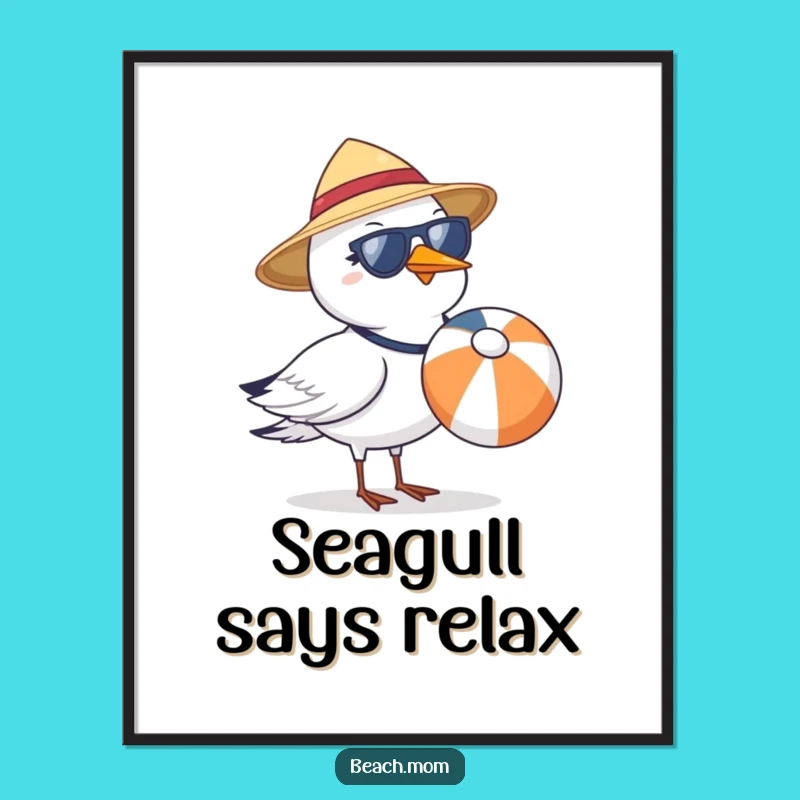 Funny Seagull Beach Ball Poster – Vibrant Sun Hat Sunglasses Wall Art Gift