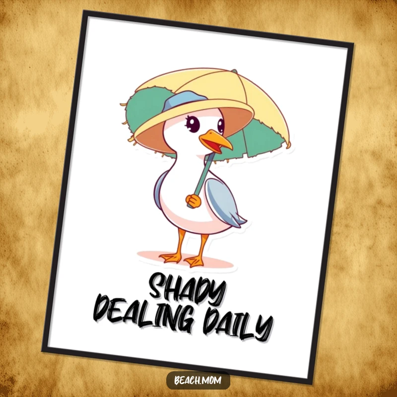 Funny poster print of a seagull in a straw hat carrying a beach umbrella, a humorous and charming coastal illustration for wall decor.