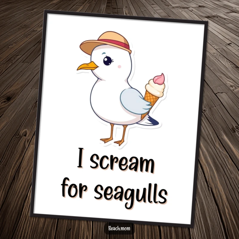 Funny poster art of a seagull wearing a small hat and holding an ice cream cone, evoking a sense of playful indulgence.