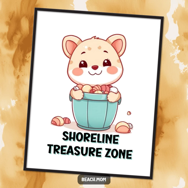 Funny poster: An animated animal character beams with happiness, holding a bucket full of seashells collected from the shore.