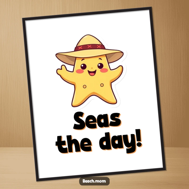 Funny Starfish Poster: A smiling starfish wearing a sun hat, waving, coastal wall art.