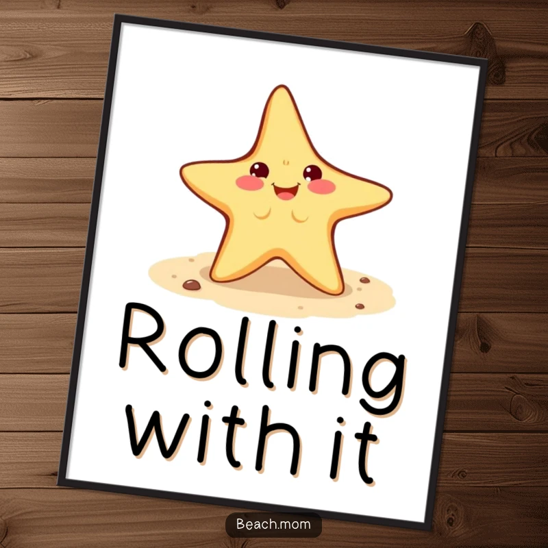 Funny Starfish Poster: a smiling starfish character in mid-cartwheel on sandy ground, bringing energetic beach vibes.