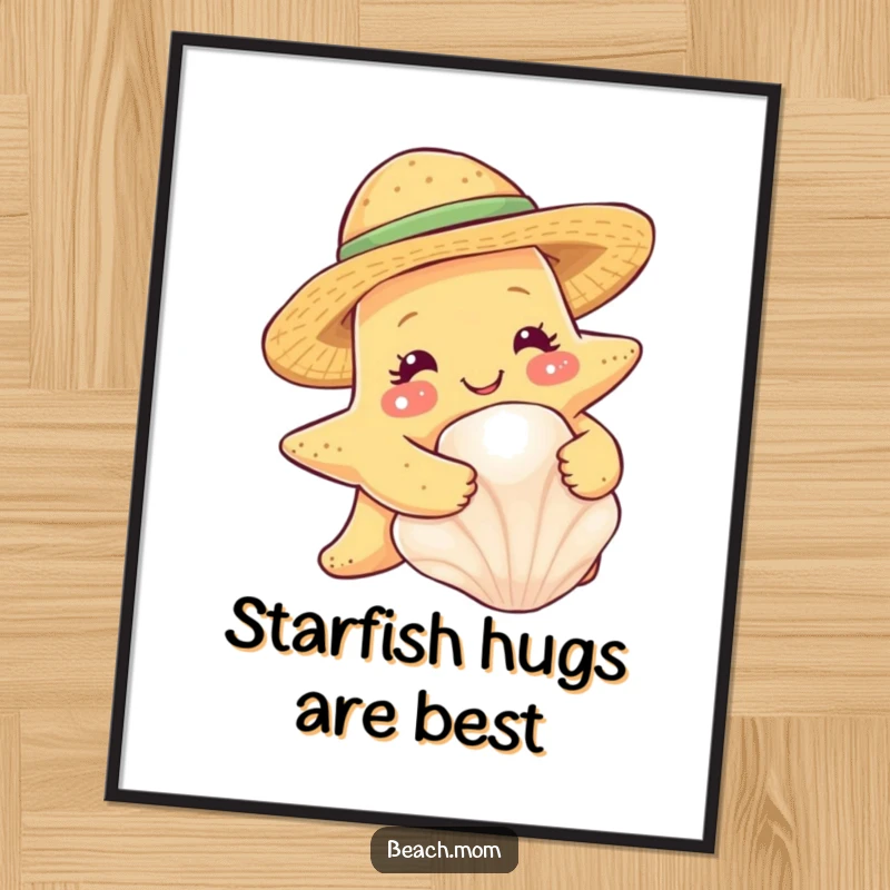 Funny starfish wearing a straw hat, hugging a seashell, displayed as a humorous wall art poster.