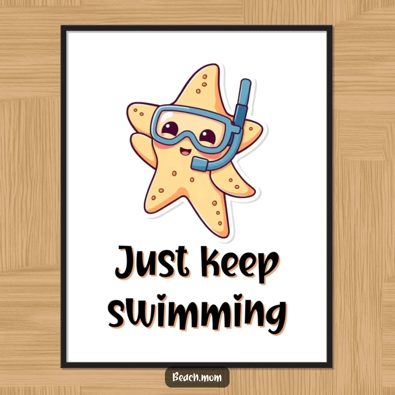 Funny poster of a playful starfish wearing a tiny snorkel, dipping its arm, bringing underwater magic indoors.