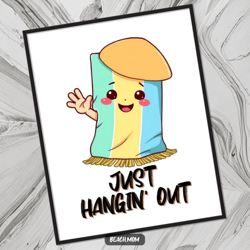 Funny poster of a happy beach towel with a big smile waving hello, creating a cheerful atmosphere.