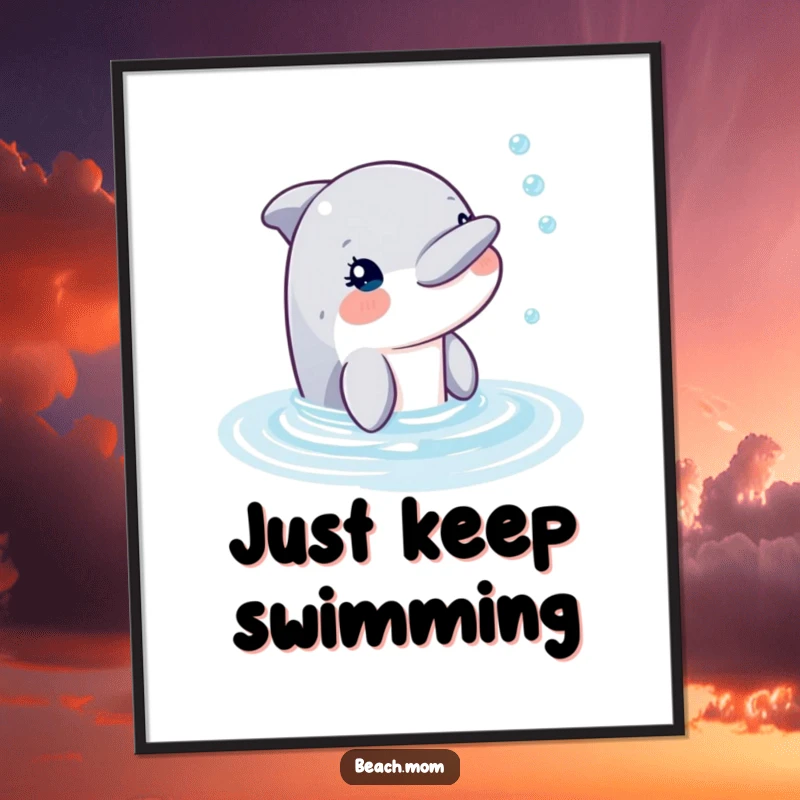 Funny dolphin peeking from the water, blowing a stream of bubbles, displayed as a vibrant poster.