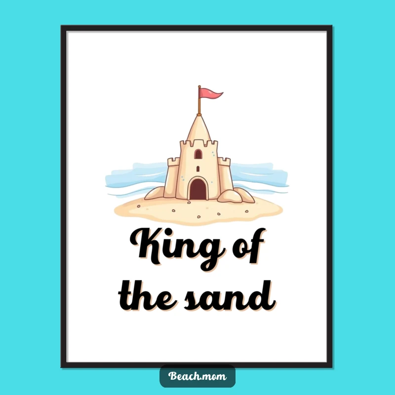 Funny Sandcastle Art Print: Cheerful Castle Waving Flag at Ocean