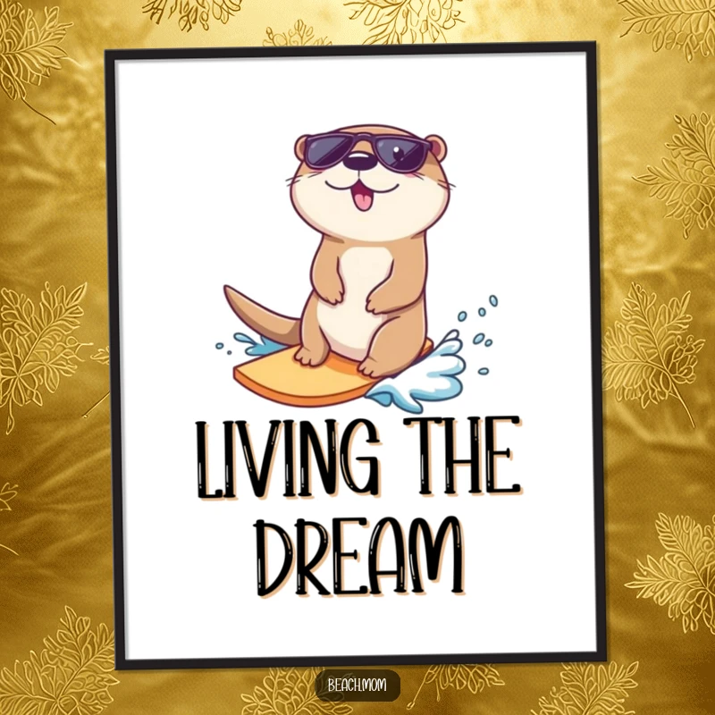 Funny otter poster, art of a cool otter in sunglasses surfing a wave, bringing beach vibes home.