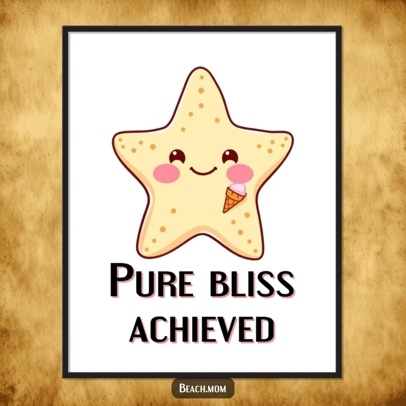 Funny Starfish Ice Cream Poster: Artwork of a smiling starfish with a tiny ice cream cone, depicting funny sweet moments.
