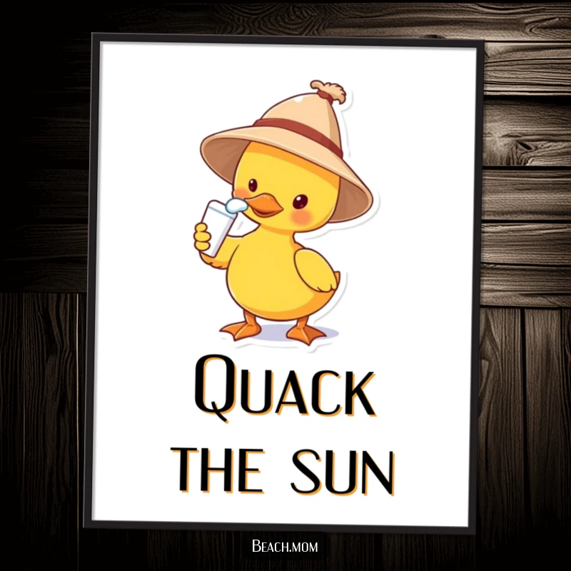 Funny poster print of a duck wearing a sun hat and applying sunscreen to its nose, a humorous and artistic representation of sun safety.
