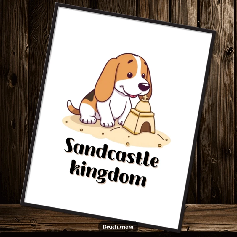 Funny Basset Hound poster depicting a dog with intense focus, carefully crafting a small sandcastle by the sea.