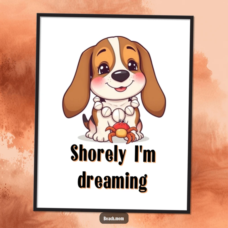Funny Basset Hound poster of a dog in a seashell necklace smiling at a tiny crab, capturing a humorous seaside friendship.