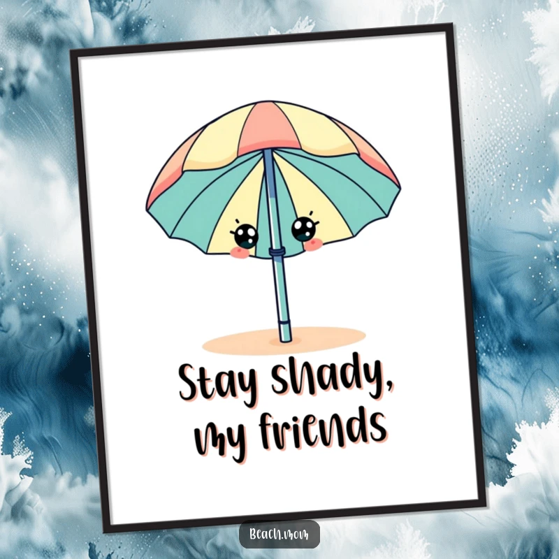 Funny beach umbrella with eyes, wiggling happily, displayed as a humorous summer wall art poster.