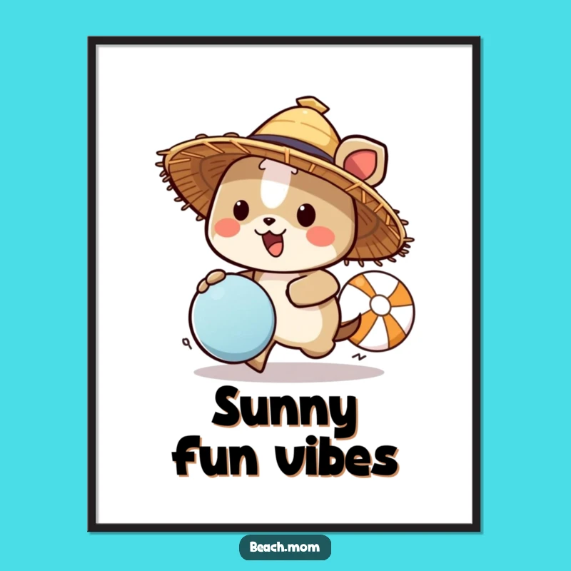 Funny Beach Animal Poster - Straw Hat Ball Chasing Wall Art Gift