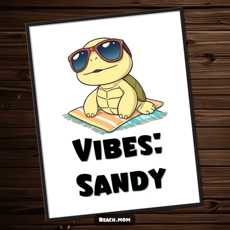 Funny turtle with cool sunglasses sunbathing on a beach towel, high-quality poster print, capturing a moment of pure, hilarious leisure.