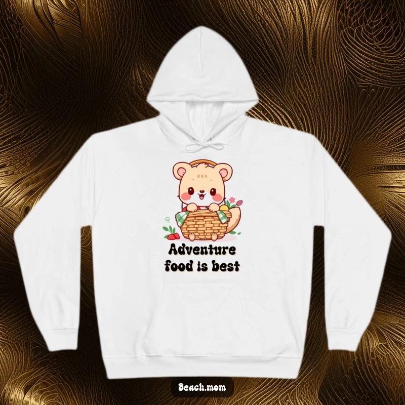 Funny hoodie: A happy animal character excitedly fills a picnic basket, embodying the joy of preparing for an outdoor meal.