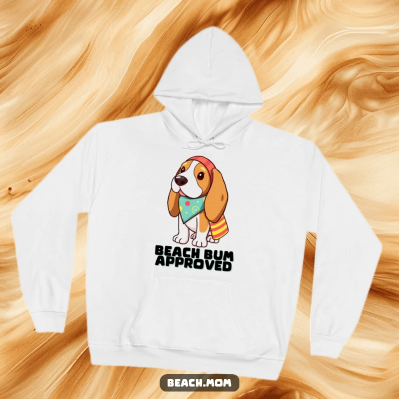 Funny Basset Hound hoodie depicting a dog with a bandana and beach bag, perfect for a relaxed, humorous look.