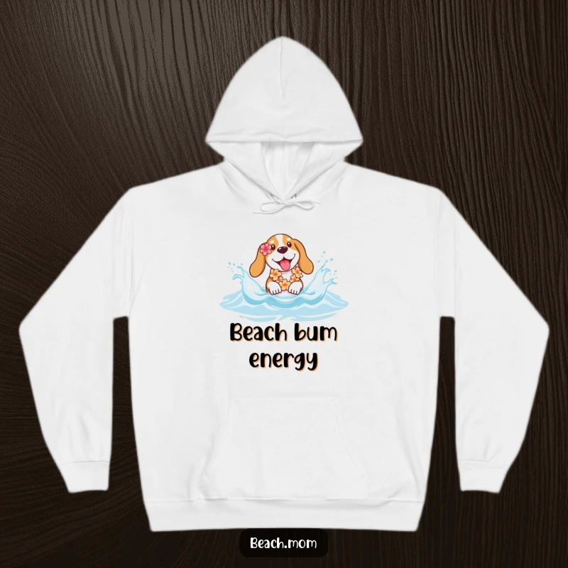 Funny Basset hound hoodie featuring a happy dog with a lei splashing in beach waves, perfect for cozy, cheerful wear.