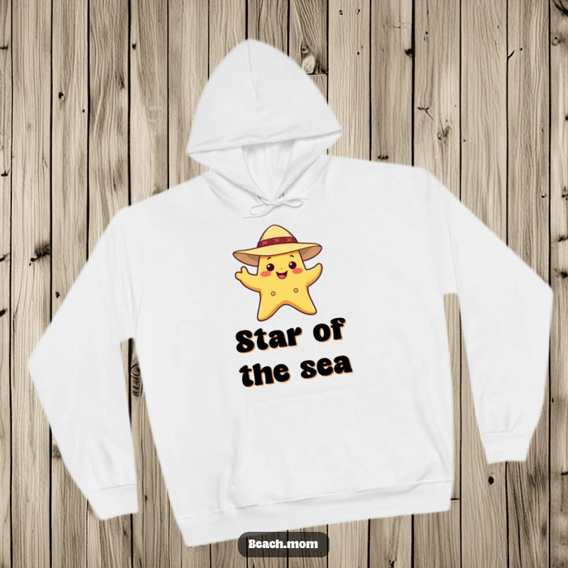 Funny Starfish Hoodie: A smiling starfish wearing a sun hat, waving, perfect for beach lovers.