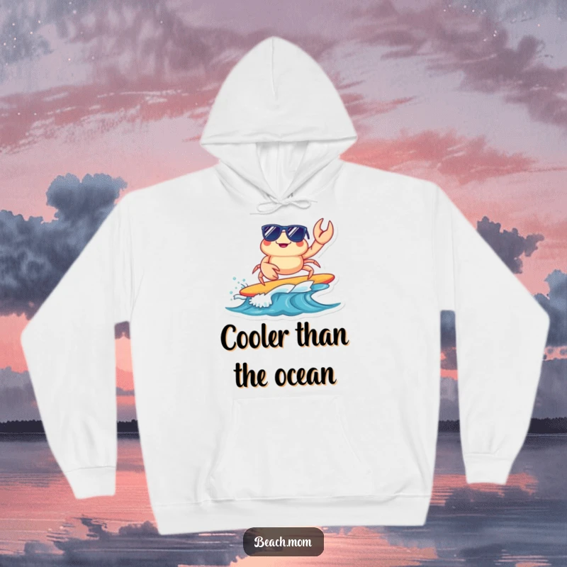 Funny surfing crab hoodie featuring a cool crab in sunglasses riding a wave, perfect for beach lovers and casual wear, a humorous present.