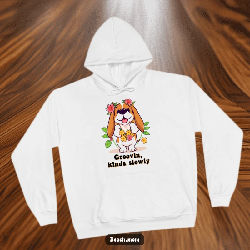 Funny Basset Hound hoodie showcasing a dog wearing a leis, doing a comical, clumsy hula dance.