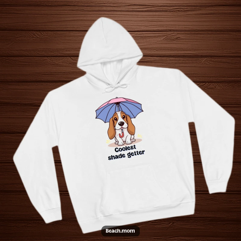 Funny Basset Hound hoodie featuring a dog with a small umbrella shading itself, perfect for cozy, humorous relaxation.