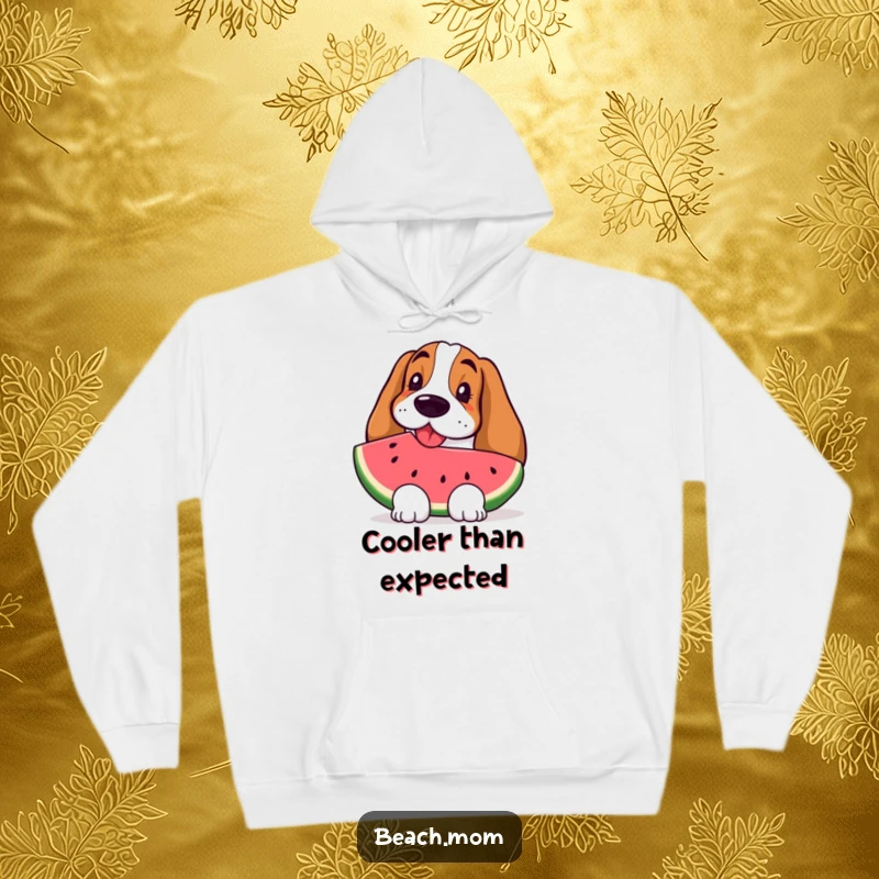 Funny Basset Hound hoodie with a dog happily indulging in a refreshing slice of watermelon on a sunny day.