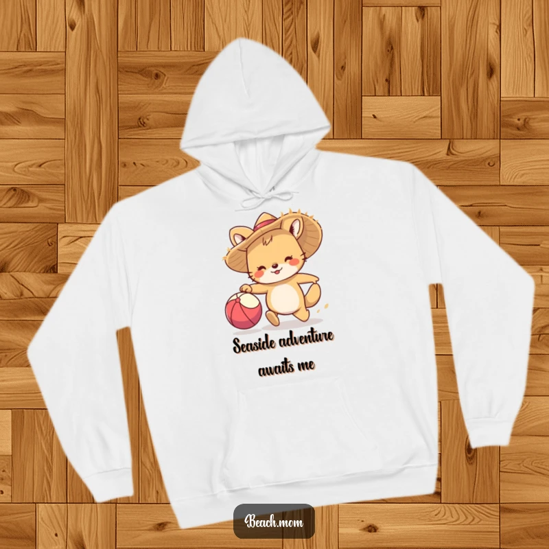 Funny hoodie: A cheerful animal character with a straw hat is depicted mid-chase after a bouncing beach ball.