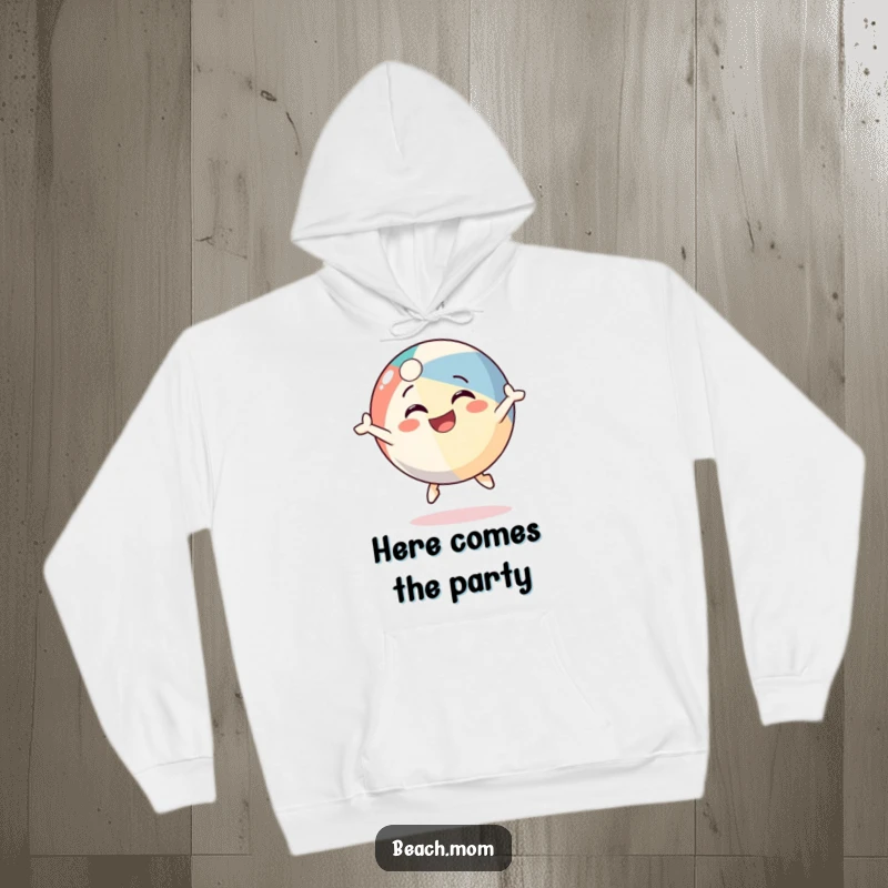 Funny beach ball character hoodie, shown bouncing happily with a big smile, perfect for cozy summer days and gifting.
