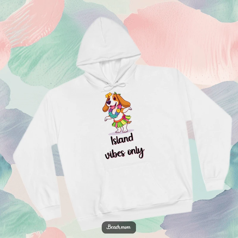 Funny Basset Hound hoodie featuring a hula dancer in a lei, captured mid-dance with infectious tropical energy.