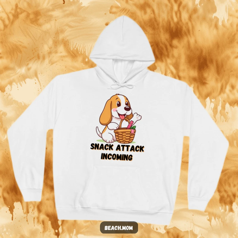 Funny Basset Hound hoodie featuring a dog with a picnic basket, offering a happy gesture, ideal for outdoor enthusiasts.