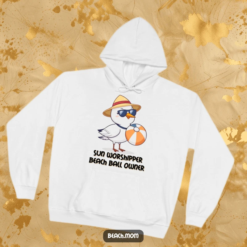 Funny seagull, sun hat, sunglasses, beach ball, cozy hoodie, humorous design.