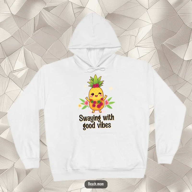 Funny Kawaii pineapple hoodie, cute cartoon character in a lei, dancing the hula, cozy tropical wear.