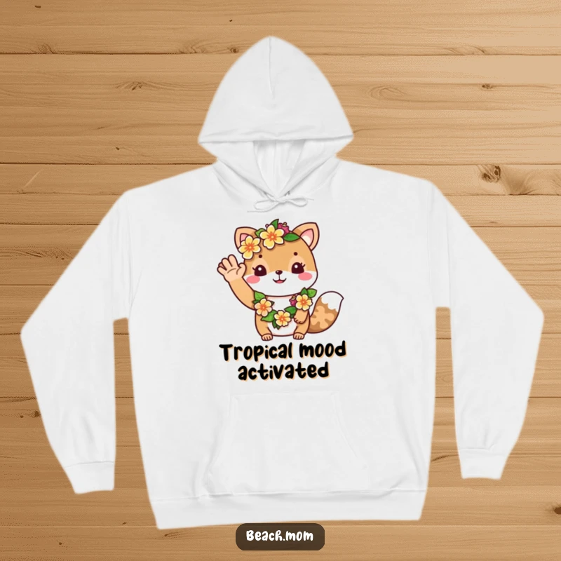Funny hoodie: A friendly animal character wearing a lei of flowers waves a welcoming hello, embodying island hospitality.