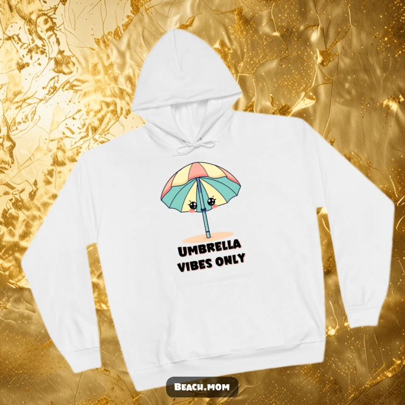 Funny beach umbrella with eyes, wiggling happily, on a comfortable, warm hoodie.