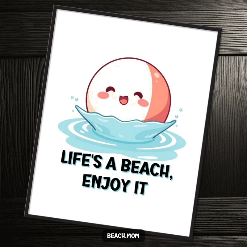 Funny Free Printable Wall Art of a Kawaii beach ball character bouncing joyfully on wavy blue water.