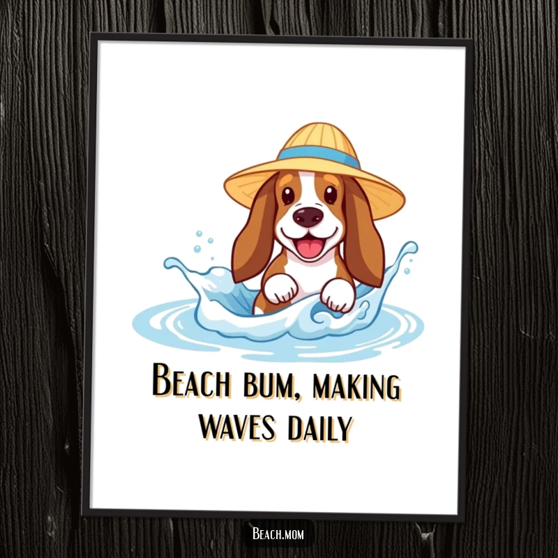 Funny Free Printable Wall Art: Basset Hound in sun hat joyfully splashing in a tiny wave at the beach