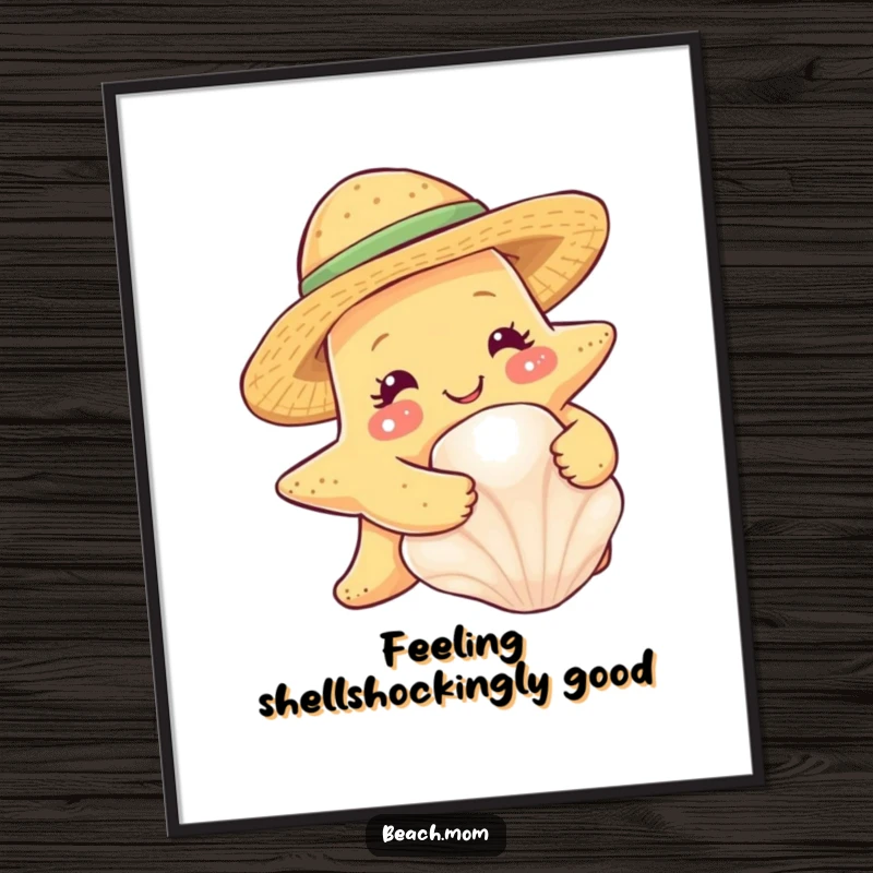 Funny free printable wall art: A smiling starfish in a straw hat embraces a seashell, bringing coastal serenity and charm.