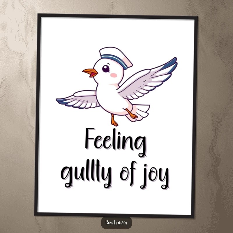 Funny Free Printable Wall Art: A happy seagull sporting a sailor hat soars gracefully across a clear sky.