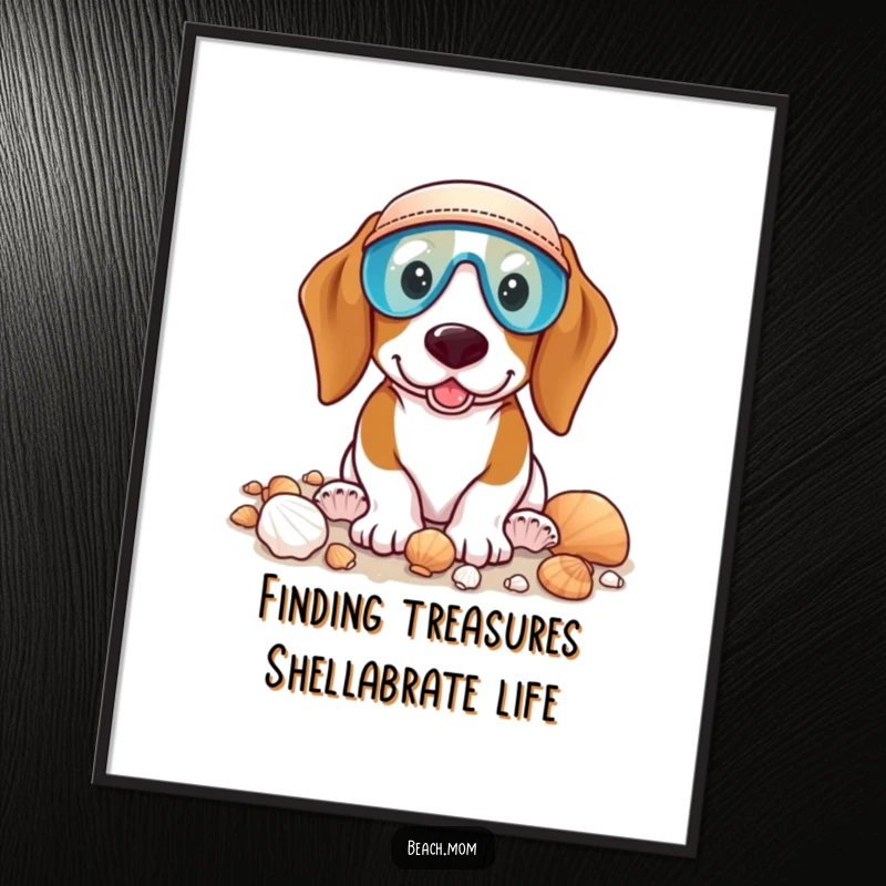 Funny Free Printable Wall Art: Basset hound in a visor happily collects seashells with great enthusiasm.