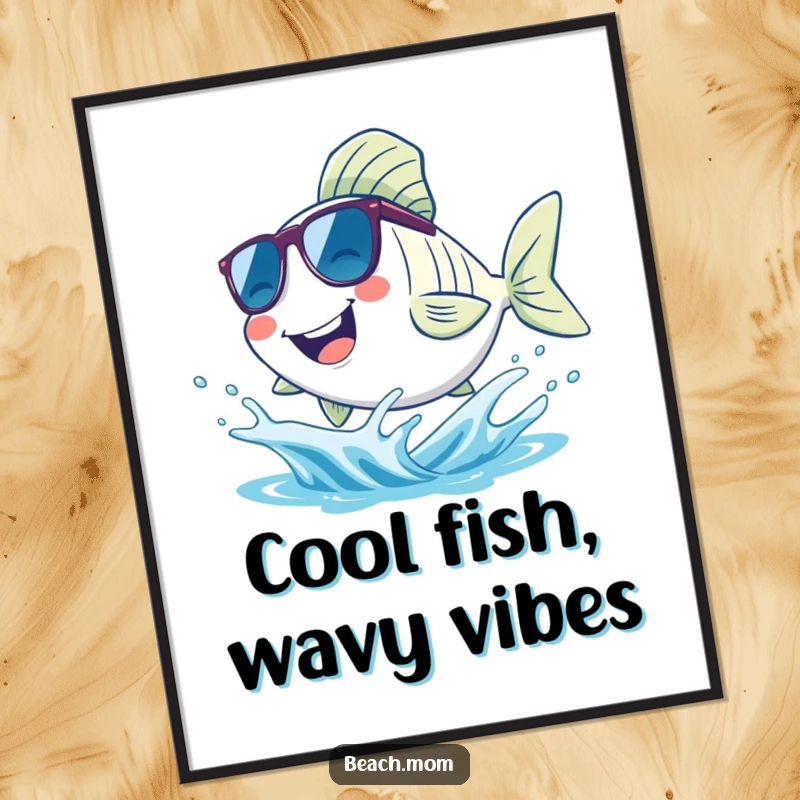 Funny Free Printable Wall Art - A smiling fish wearing sunglasses, cheerfully splashing in a tiny, gentle wave.