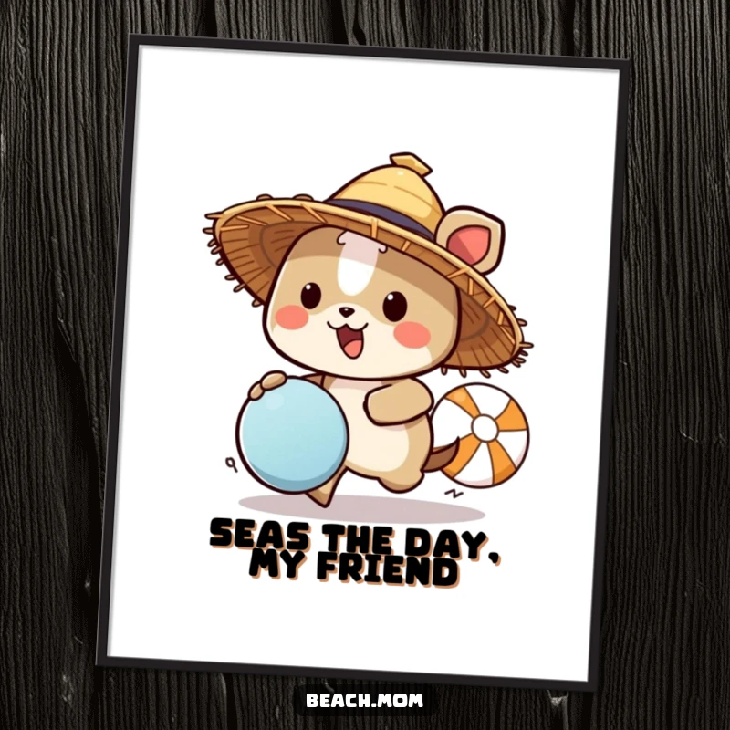 Funny Free Printable Wall Art: Animal character wearing a straw hat, happily chasing a colorful beach ball on a sunny day.