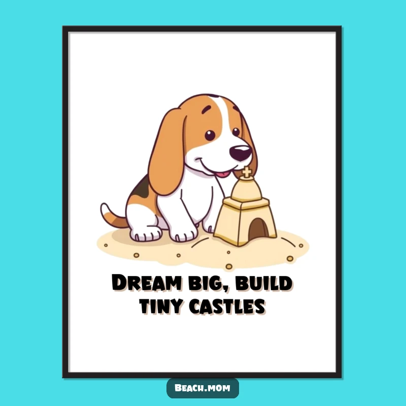 Free Printable Wall Art: Focused Basset Hound Sandcastle Builder - Humorous Downloadable Decor